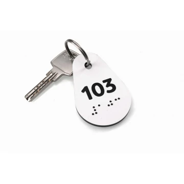 Breloki do kluczy z pismem Braille'a - biały laminat 3mm - Avila - 67x42mm - BP146