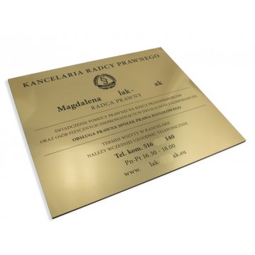 SZYLD KANCELARIA RADCY PRAWNEGO - złoty szczotkowany błyszczący laminat - SZ053 - wym. 420x360mm