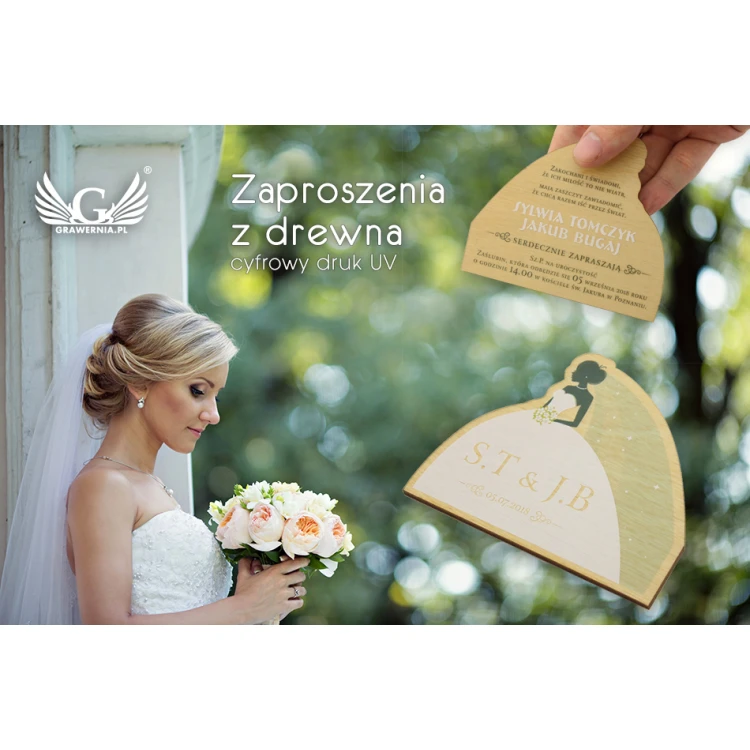 Zaproszenia ślubne z drewna - cyfrowy druk UV - ZAP006