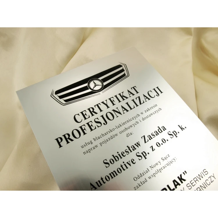 Certyfikat metalizowany na podkładzie akrylowym - format A4 - grawerowany laserem