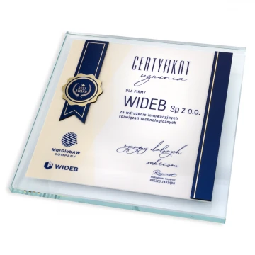 Dyplom szklany - Certyfikat uznania - kwadrat - kolorowy druk UV - DUV082
