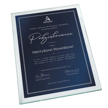 Dyplom szklany - Podziękowanie - pionowy - kolorowy druk UV - DUV068