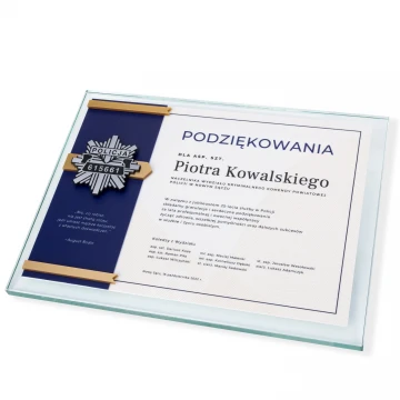 Dyplom szklany - Podziękowanie za pracę w Policji - poziomy - kolorowy druk UV - DUV074