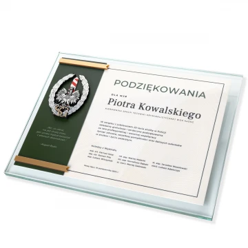 Dyplom szklany - Podziękowanie za pracę w Straży Granicznej - poziomy - kolorowy druk UV - DUV073