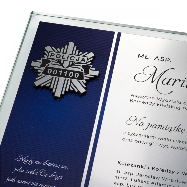 Dyplom szklany - podziękowanie za pracę w Policji - poziomy - druk UV i grawer - DUV090