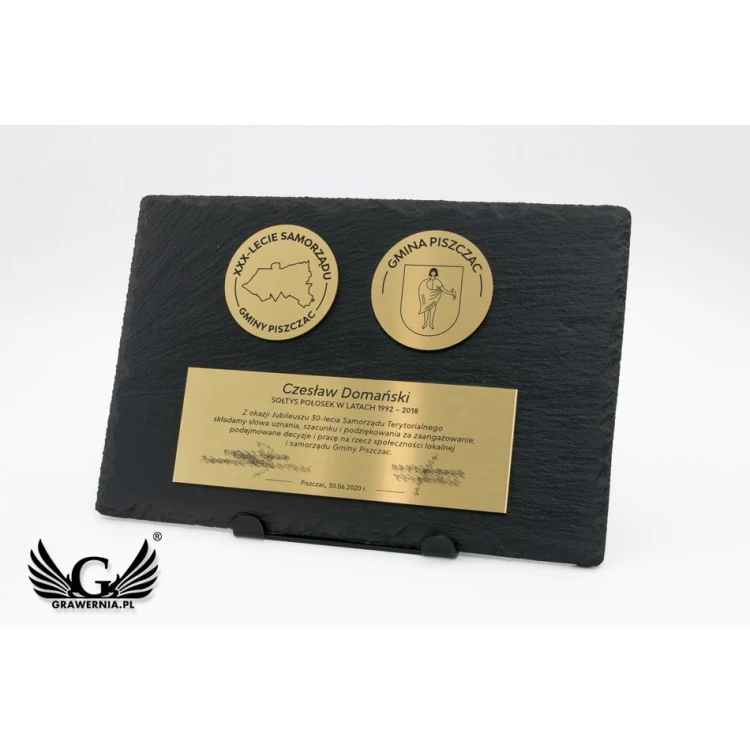 Dyplom z kamienia łupkowego z mosiądzem 1,6mm -  dwa medale i tabliczka - DK004 