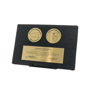 Dyplom z kamienia łupkowego z mosiądzem 1,6mm -  dwa medale i tabliczka - DK004 