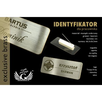 Ekskluzywny identyfikator dla pracownika - 66,5x26,5mm - ID043 - mosiądz srebrzony