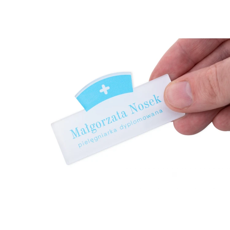 Identyfikator dla pielęgniarki z nadrukiem UV - plexi transparentna - wym. 70x38mm - ID131