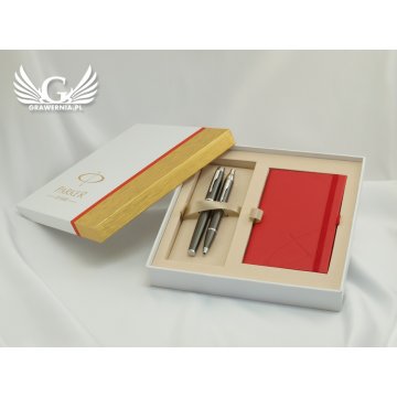 Zestaw Parker IM Gun metal CT pióro wieczne i długopis z czerwonym notesem biało-złote pudełko - PAR002-DUO-SW
