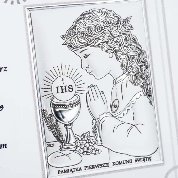 Obrazek srebrny dla dziewczynki - Pamiątka Pierwszej Komunii Świętej -  wym. 18x13cm - DS08/04/1A