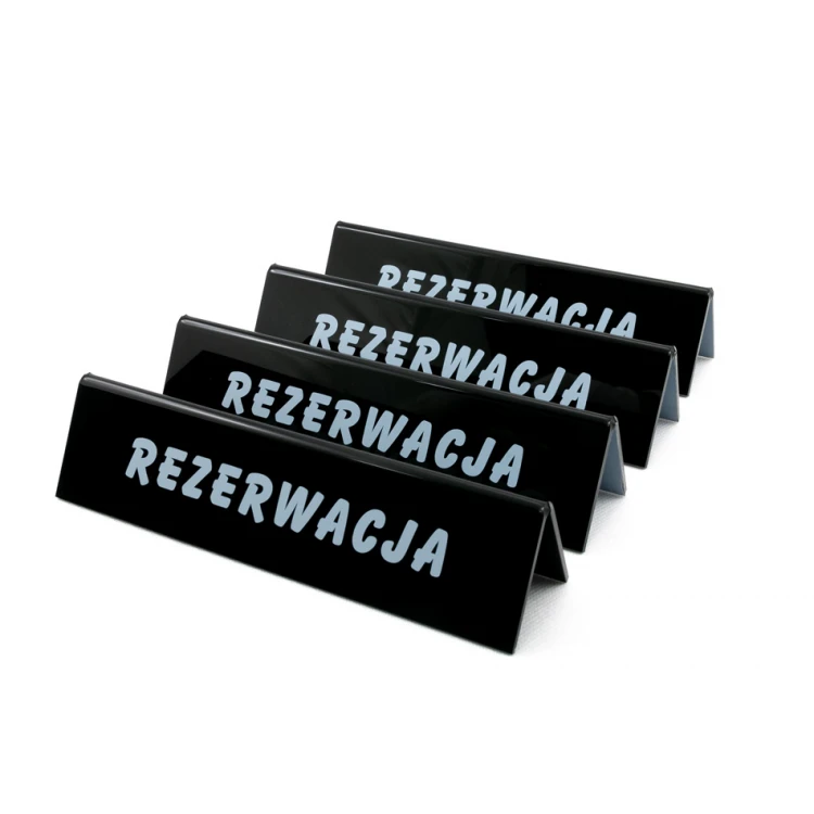 Rezerwacja - stojak akrylowy z dowolnym napisem - wym. 210x50mm - czarny akryl - REZ006