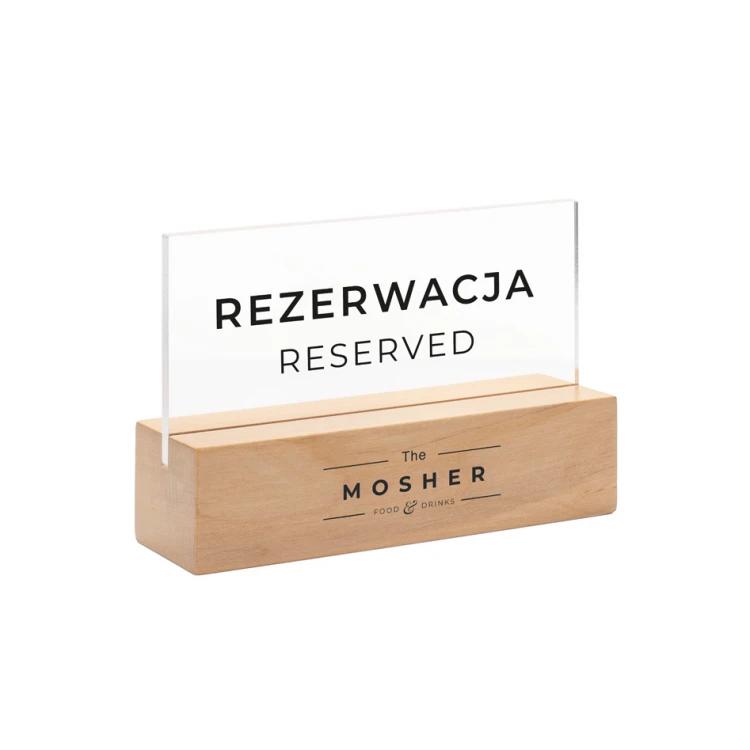 Stojak rezerwacja - bezbarwna plexi na drewnianym postumencie - ST039