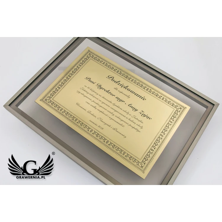 Szklany dyplom - podziękowanie w złotej ramie - DWR5