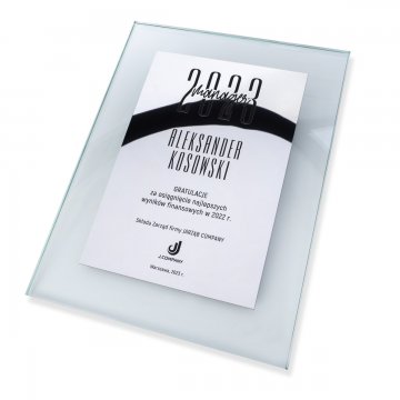 Szklany dyplom uznania - laminat lustrzany grawerowany laserem - DSZ054
