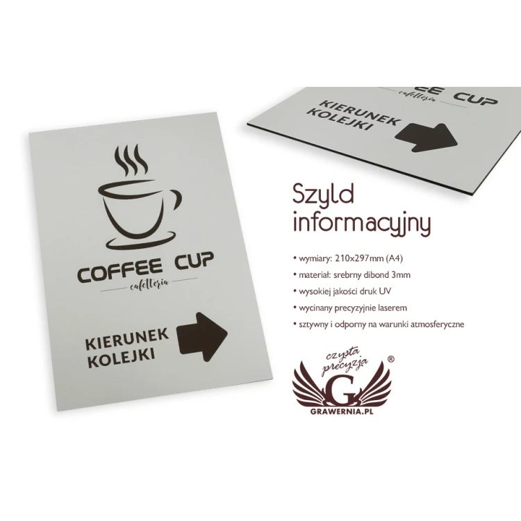 Szyld informacyjny - kierunek kolejki - wym. 210x297mm (A4) - DIBOND MAT 3mm - druk UV - SZUV010