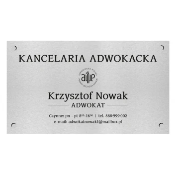 Szyld Kancelaria Adwokacka - druk UV - srebrny dibond szczotkowany 3mm - wym. 700x400mm - SZ164