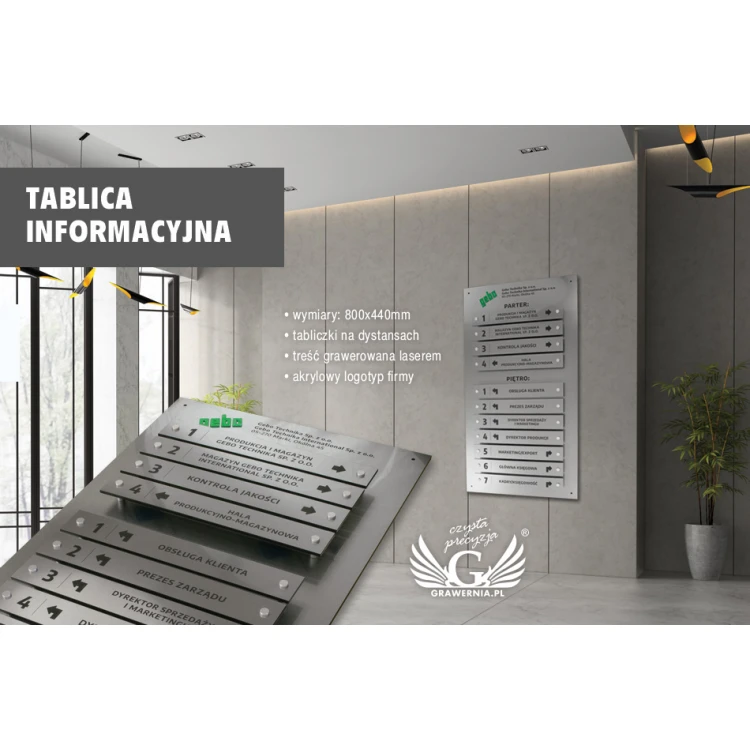 Tablica informacyjna na dystansach - grawerowana laserem - wym: 800x440mm - TAB058