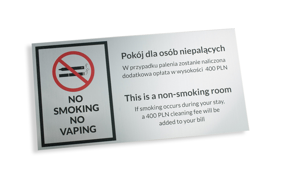 Tabliczka ostrzegawcza  - pokój dla osób niepalących - wym. 135x70mm - kolorowy druk UV