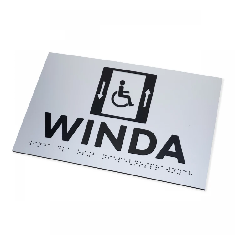 Tabliczka z wypukłymi literami i pismem Braille'a - Winda dla niepełnosprawnych - laminat srebrny - wym. 250x160mm - TAB502