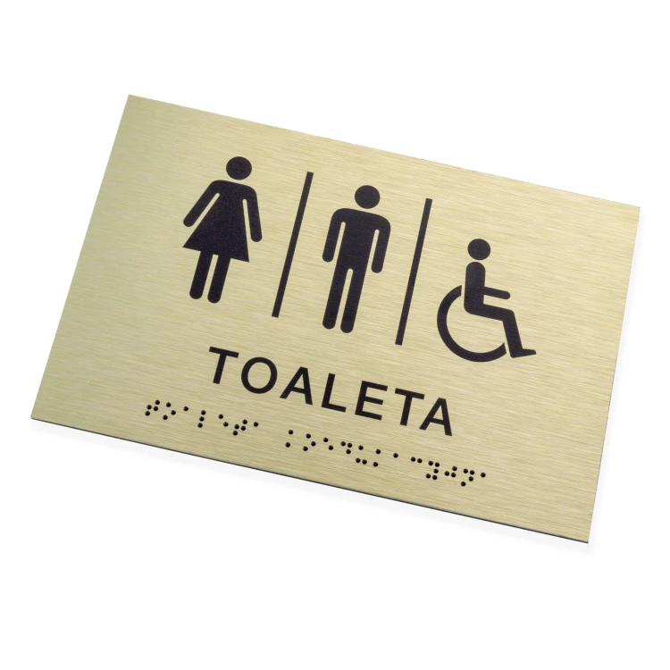Toaleta koedukacyjna - tabliczka ze złotego dibondu z pismem Braille'a - wym. 185x120mm - TAB539