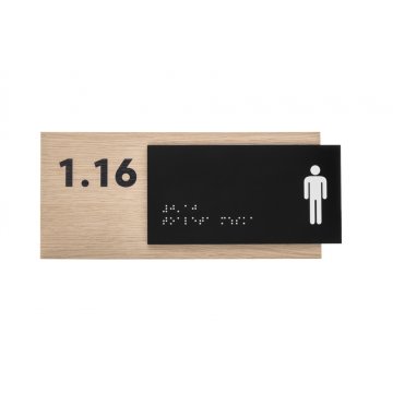 Toaleta męska - tabliczka z pismem Braille'a - płyta fornirowana dąb i akryl czarny mat - wym. 262x118mm - TAB405