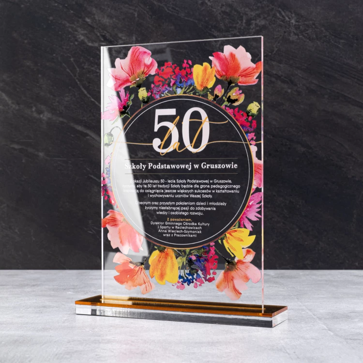 Statuetka akrylowa jubileuszowa - prezent na rocznicę - transparentny akryl - wys. 24 cm - DTA126