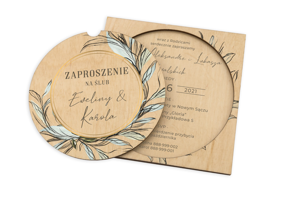Zaproszenia ślubne z drewna - cyfrowy druk UV - ZAP060